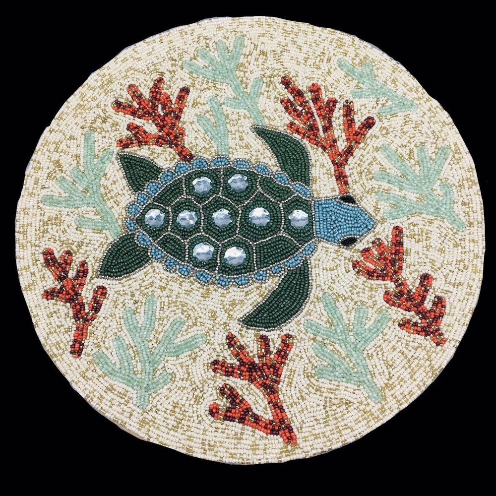 x2 Nicole Miller Sea Turtle Beaded Placemat Set Green Ocean Coral Beach Designer